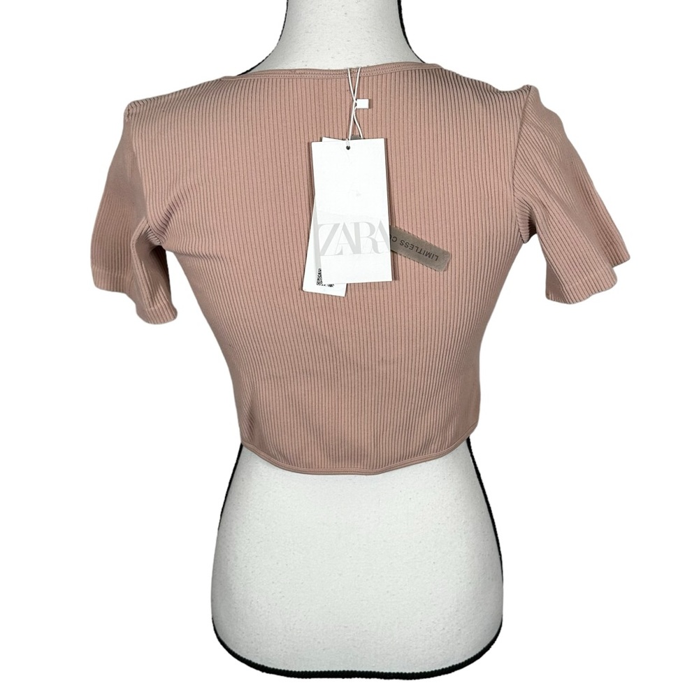 NWT Zara Blushed Pink Ribbed Crop Tie Top - Picture 3 of 7